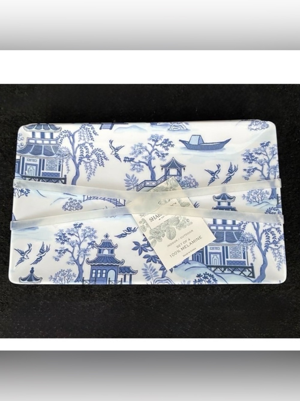 Shabby Chic Chinoiserie Blue Willow Pagoda Melamine Appetizer Plates Set of 4